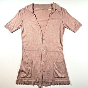 Max Studio Soybean Cashmere Blend Short Sleeve Cardigan XS Dusty Pink Pointelle